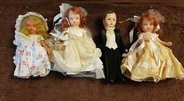 4 Vintage Dolls Wedding Party, 3 Are Sleepy Eye Dolls Bride Groom Bridesman - £27.69 GBP