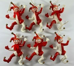 Vintage Lot 6 Plastic White Red Clown Jester Dancing 4.5 in Christmas Ornaments - £27.68 GBP