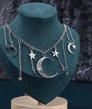 Silver Necklace With Clear Quartz Crystals &amp; Moon &amp; Star Charms - Boho Jewellery - £9.91 GBP