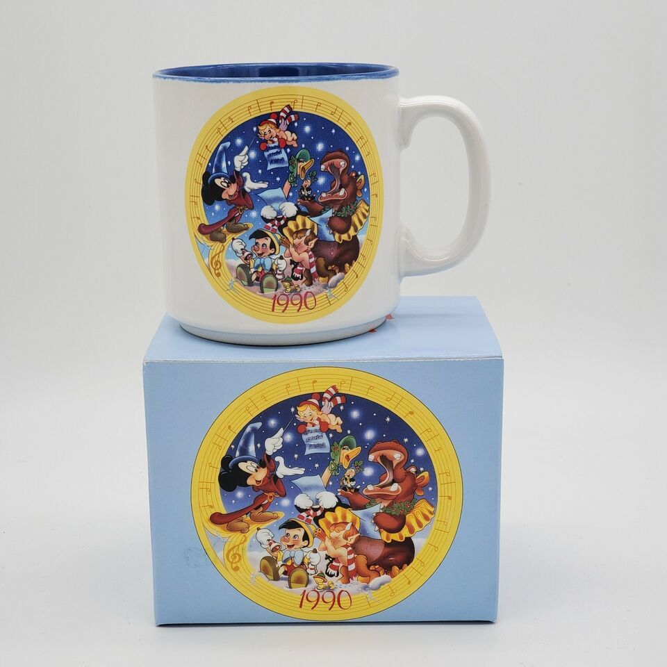 Vintage 1990 Happy Holidays Walt Disney Mug in Box Mickey Mouse & Pinocchio - $18.49