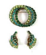 Vintage Brooch Uranium Glass &amp; Earrings Set Green Circles Crystal Clip - £66.03 GBP