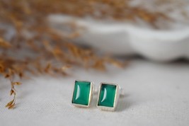 Small Rectangle Sterling Silver Stud Earrings With Green Onyx, Gemstone Birthsto - £31.97 GBP