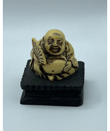 Small Chinese Smiley Buddha with Fan Carved Token Statue White - $101.50 CAD