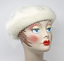 White Wool Felt Beret w Veil Netting for Church Party Retro Style Hat - ... - £20.38 GBP