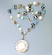 Sterling Silver Faux Pearl, Turquoise, Crystal Bead Vtg Shell Pendant Ne... - $29.65