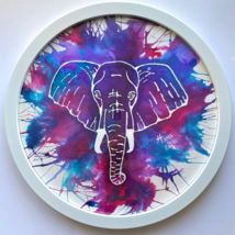 Elephant Passion - Original Art Round Handmade Painting White Frame 13&quot; - £175.82 GBP
