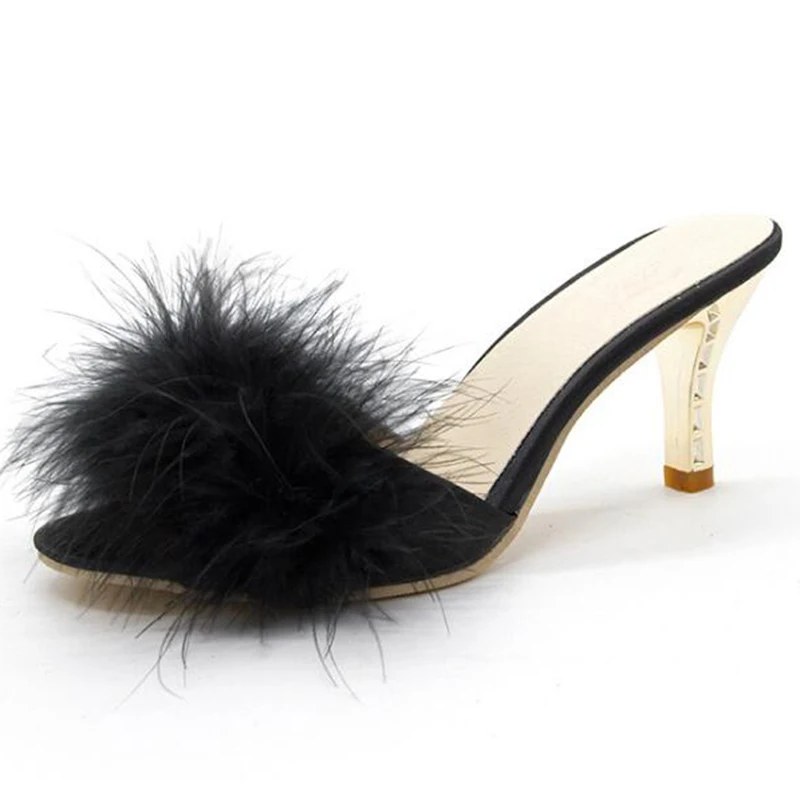 2021 Summer Shoes Woman Feather Thin High Heels Fur Slippers Peep Toe Mules Lady - £19.47 GBP+