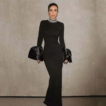 Elegant Rhinestone-Embellished Half Turtleneck Maxi Dress with Bell Sleeves - £112.83 GBP