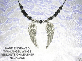 Twin Pair Of Angel Wings Hand Engraved Cast Pewter Wing Pendant Adj Necklace - $45.00