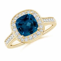 ANGARA Classic Cushion London Blue Topaz Ring with Diamond Halo - £1,673.46 GBP