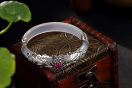 925 Silver Plum Blossom Ruby Bracelets Chalcedony Bangles for Women Ethnic Vines - £85.97 GBP