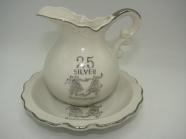 Vintage Miniature 25th Anniversary Porcelain Pitcher and Urn Bowl Silver... - $9.89