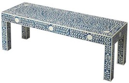 Bench Classical Backless Distressed Blue Bone Inlay Resin Mango - £1,413.79 GBP