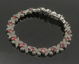 925 Sterling Silver - Vintage Garnet &amp; Marcasite XO Chain Bracelet - BT7396 - £70.58 GBP