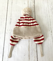 Baby Gap Striped Red Cream Holiday Knit Pom Pom Trapper Hat Ear Flap 0-6 Months - £7.42 GBP