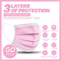 3-Ply Disposable Face Masks - PINK - 50 Masks  - £7.96 GBP