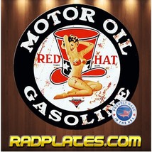 Vintage Style Round Man Cave Gift Red Hat Gasoline Aluminum Sign 12&quot; - £16.96 GBP