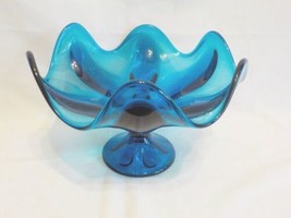 Vintage Lg Blue Bluenique Viking Glass Epic Six Petal Footed Compote Candy Dish - $22.00