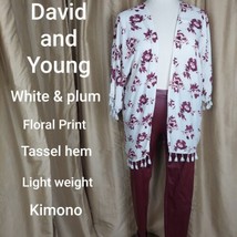 David and Young White &amp; Plum Floral Print Tassel Hem Kimono One Size Fit Most - £13.52 GBP