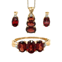 5.25ctw Garnet 10k Yellow Gold Necklace Pendant Earrings Ring Size 7.25 Set 4.6g - £383.32 GBP