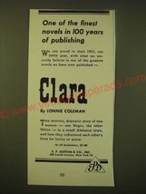 1952 E.P. Dutton & Co. Clara by Lonnie Coleman Ad - One of the finest Novels - $18.49