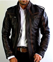  Men&#39;s Biker Motorcycle Vintage Cafe Racer Distressed Brown Real Leather Jacket - £113.30 GBP