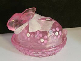 Pink Glass Bunny on Nest Covered Oval Box - $12.86