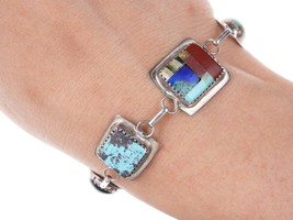 Vintage Southwestern Turquoise Multi-stone Channel inlay sterling bracelet - £75.78 GBP