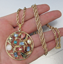 Signed GERMANY Vtg Multi Color Rhinestone Gold Tone Pendant Long Necklace - $19.75