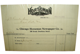 Aug 30 1913 THE CHICAGO HORSEMAN Newspaper Billhead Invoice Antique Docu... - $7.99