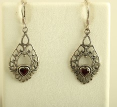 Vintage Sterling Silver Garnet Heart Stone Scroll Earrings - £51.40 GBP