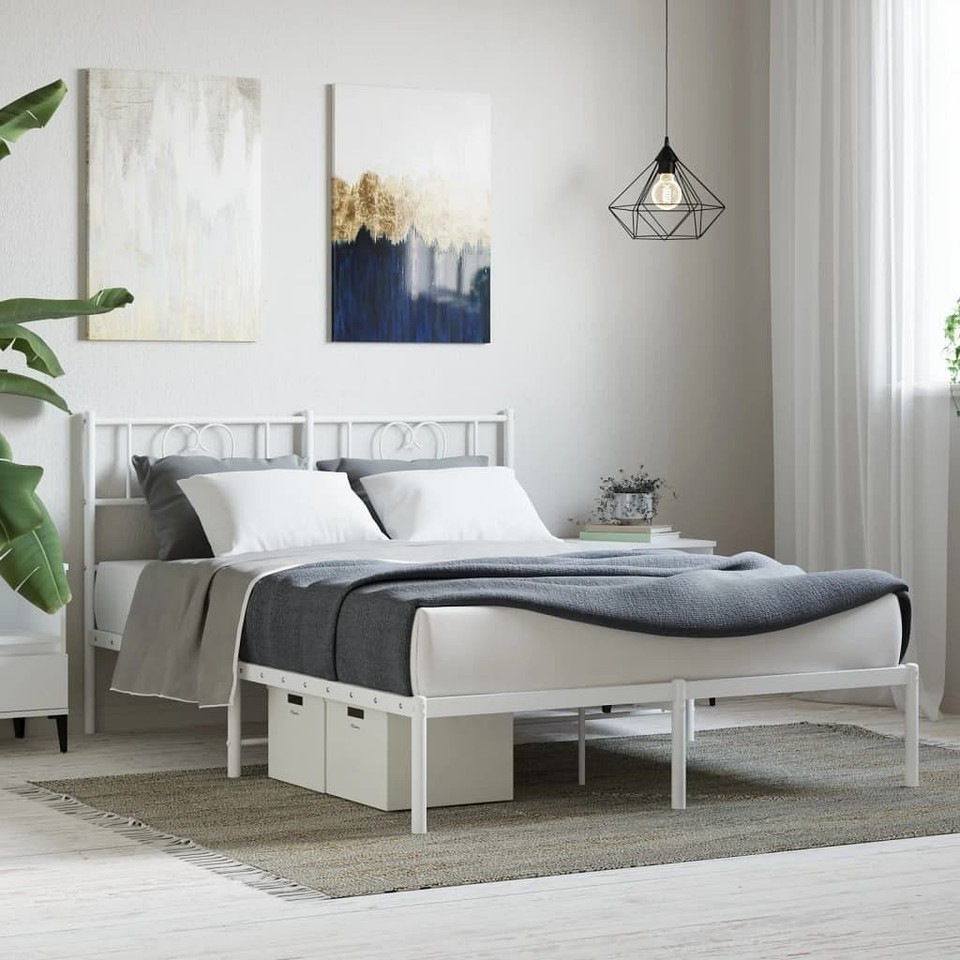 vidaXL Metal Bed Frame without Mattress with Headboard White 53.1&quot;x74.8&quot; - $180.46