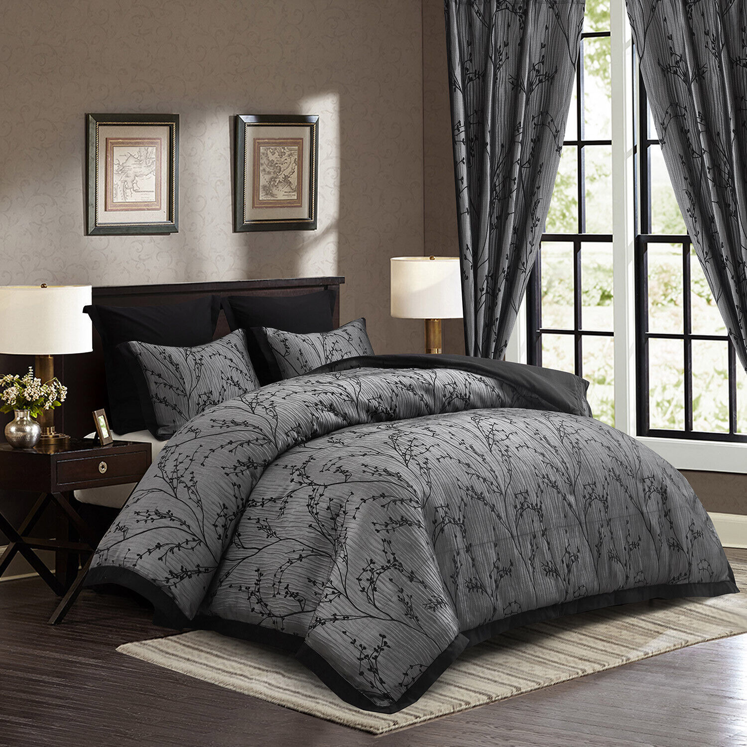 HIG 7 Pieces Comforter Set with Matching Curtains, Elegant Bed in a Bag