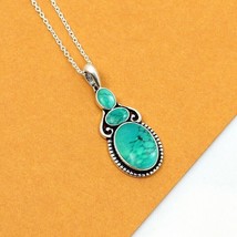 Turquoise Pendant-Three Stone Pendant-Oval Turquoise 925 Sterling Silver... - £55.46 GBP