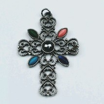 Avon silver tone Pendant Cross with 5 colored stones Open Work Vintage - £5.66 GBP