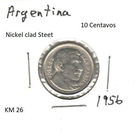 Argentina 10 Centavos, nickel clad steel, 1956, KM 26 - $1.00