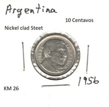 Argentina 10 Centavos, nickel clad steel, 1956, KM 26 - £0.79 GBP