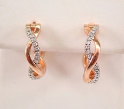 14k Rose Gold Over Unique Braided CZ Diamond Hoop Huggies Earrings Modern Design - £132.85 GBP