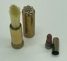 Vintage Retractable Brush In Brass Tube &amp; Tiny Lipstick Top Missing Crys... - £12.86 GBP