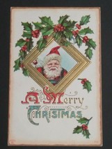 A Merry Christmas Santa Holly Gold Embossed P Sander Antique Postcard c1910s - £7.86 GBP