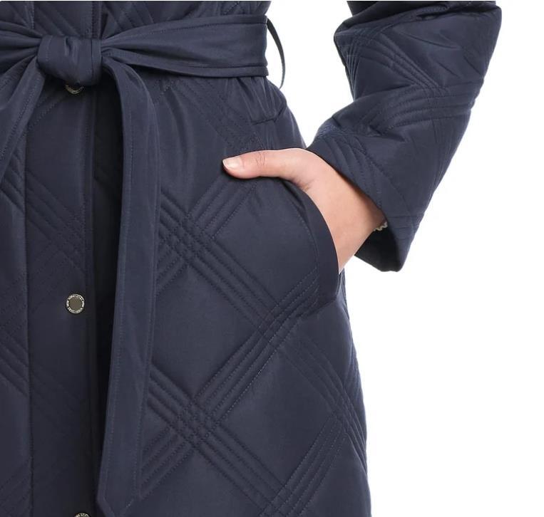 Jones New York Womens Jacket Navy Blue Quilt Hood Tie Belt Pockets Heavyweight Item image 10