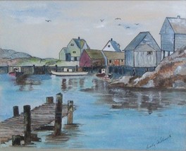 Vtg Water Color Painting Oc EAN Fishing Wharf Fisherman Boat Dock Ontario Canada - £88.47 GBP