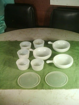 Vtg Glasbake Milk Glass Ramekins 5 Custard Cups &amp; 3 Handled Chili Bowls w/2 Lids - £23.95 GBP