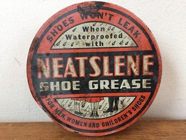 Vintage Neatslene Waterproofing Shoe Grease Orange Round Metal Advertise... - £11.91 GBP