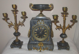 ANTIQUE French Marble Clock with PAIR CANDLELABRA&#39;S FRERIS - £511.40 GBP