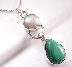 Malachite &amp; Freshwater Pearl Necklace 925 Sterling Silver Teardrop Cabochon New - £14.25 GBP