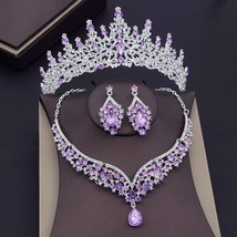 Purple Crystal Sets Bridal Jewelry Sets for Women Crown Earring Necklace Wedding - £35.58 GBP