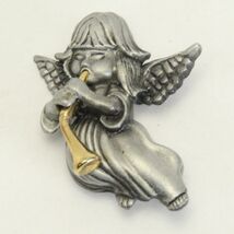 Daria Signed Pewter Angel Playing Gold Tone Horn 1.25" H x 1" W Brooch Pin - $5.87