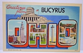 Greetings From Bucyrus Ohio Large Big Letter Linen Postcard Curt Teich U... - £35.65 GBP