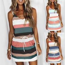  Womens Sleeveless Mini Summer Dress Ladies Casual V Neck Stripe Strappy Sundres - £17.41 GBP